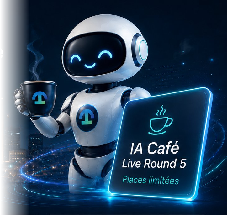 Robot IA tenant une tasse de café devant la skyline de Casablanca